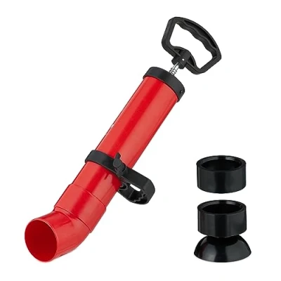 Image of Relaxdays Drain Cleaner Pump, 2 Attachments for WC, Shower, Washbasin, Pressure, Chemical Free, 48 x 16 cm, Black/Red