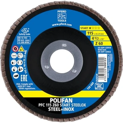 Image of PFERD Polifan Serrated Washer, Pack of 10, PFC 115 x 22.23 mm Conical Z60 Start Line Steelox 69300937 for Steel, Stainless Steel (INOX)