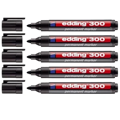 Image of edding 4 300001 300 Industry Permanent Marker Bullet Tip Labelling of Cardboard, Metal, Rubber and Glass, Black (1.5 3 mm, Pack 5)