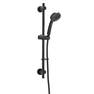 Image of Croydex Presion Black Shower Riser Rail Kit Head with 5 Spray Patterns, 68cm Rail, 1.75m Reinforced Stainless Steel Hose and Adjustable Slider Flexi Fix Wall Brackets