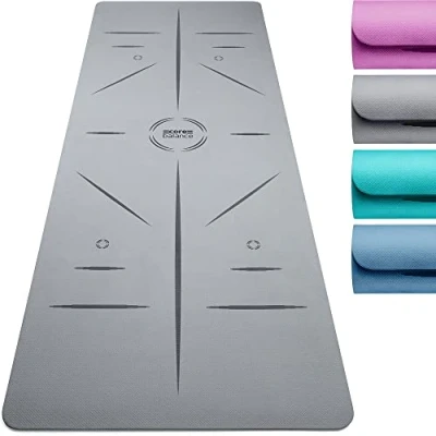 Image of Core Balance TPE Yoga Mat with Alignment Lines 6mm Non Slip Foam Exercise Fitness Travel Strap (Grey)