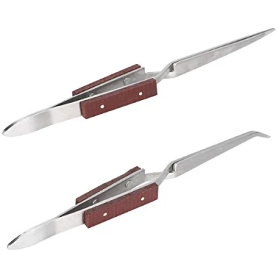 Image of 2Pcs Self Locking Tweezers, Straight Curved Tip Cross Tweezers for Fixed Jewelry Soldering Pointed DIY Craft Tool