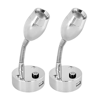 Image of Dream Lighting 12v Spot Reading Light with USB Port Chrome Plated Design Caravan Interior Motorhome Campervan Wall Mounted Boat LED Warm White 3000K and Blue Set of 2
