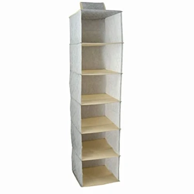 Image of Hanging Storage Wardrobe Organiser, Shelf Organiser with 6 Wide Compartments, Fabric Cabinet, Cupboard System for Camping, Non Woven Fabric, Foldable, Beige Stable