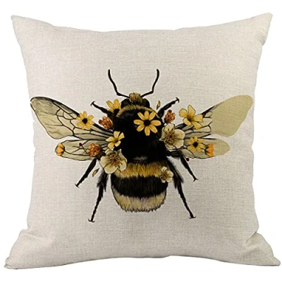 Image of CANSEGO Bee Throw Pillow Cover Animal Insect Bug with Wings Yellow Flower Pillowcases Home Decorative Cotton Linen Cushion for Sofa Chair 18x18 Inch