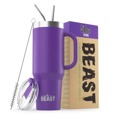 Image of Beast Tumbler 1500 ml (50 oz), Deep Purple Reusable Stainless Steel, Vacuum Insulated Cup with + 2 Straws &amp; Cleaning Brush Double Wall Travel Flask Perfect for Hot or Iced Coffee BPA Free