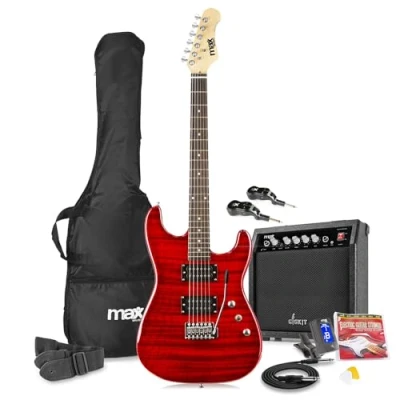 Image of Max GigKit Wireless Electric Guitar Package with Amplifier, Tuner, Strap, Bag and Strings Set Quilt Top Dark Red