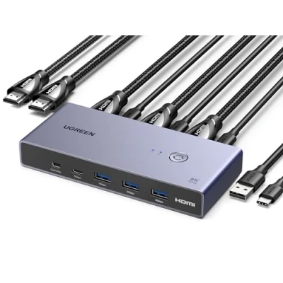 Image of UGREEN 8K@60Hz HDMI KVM Switch, Switcher Support 4K@240Hz, 4 Port USB3.0 [1 USB C and 3 A Port] for 2 Computers Share 1 Monitor Keyboard, Mouse, Hard Drive, Printer