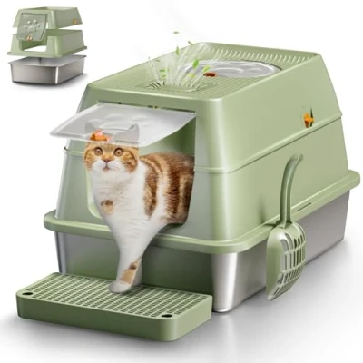 Image of Stainless Steel Cat Litter Tray with Lid, Extra Large Tray, XXL Enclosed Box High Sided, for Big Cats, Removable Lid &amp;Scoop Green