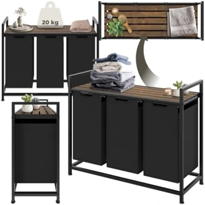 Image of tectake® Triple Laundry Basket with 3 x 38L Capacity, Water &amp; Smell Resistant Fabric, Pull Out Baskets Sturdy Steel Frame, Top Shelf in Wooden Look Height Adjustable Feet Black/Brown