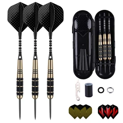 Image of sanfeng Professional 3 Pack 24 Grams Steel Tip Darts Set With Brass Barrel, Black Aluminum Shafts 9pcs Standard Flights + 50pcs Rubber O Rings 12pcs Spring 1pcs Dart Sharpener Tool