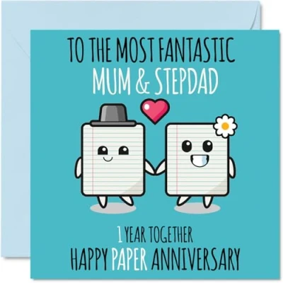 Image of Cute Paper Anniversary Card for Mum &amp; Step Dad 1 Year Together Happy 1st Wedding Cards Mum, 145mm x Greeting First Anniversaries