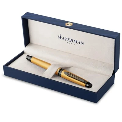Image of Waterman Expert Fountain Pen Metallic Gold Lacquer With Ruthenium Trim Medium PVD Coated Stainless Steel Nib Blue Ink Gift Box