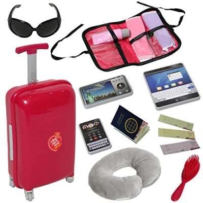 Image of The New York Doll Collection Travel Suitcase with Open and Close Carry on Luggage, Ticket, Passport &amp; 12 other Baby Accessories Red Colour Set for 18 Inch / 46cm Dolls