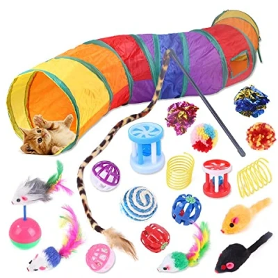 Image of WANGCL 20 Pcs Cat Toys, Kitten Toys for Indoor Cats, Tunnel Interactive Feather Teaser Wand Ball Toy Set Kitty and Cats