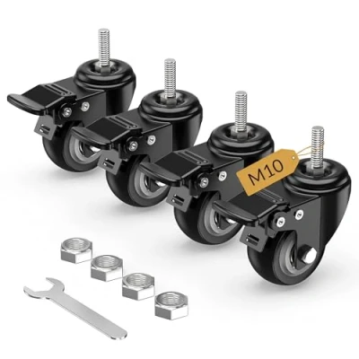 Image of HOLKIE Castor Wheels 50mm Total Locking Stem Castors Set of 4 Heavy Duty, M10 x 1.5 25mm (Stem Diameter 10mm, Length 25mm) Threaded Casters with Brakes Trolley Furniture Swivel Caster