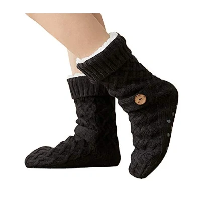 Image of SoulQ Fluffy Slipper Socks for Women Ladies Men Heat Holding Sock Knitted Wool Sherpa Fuzzy Bed Slippers Non Slip (Black)