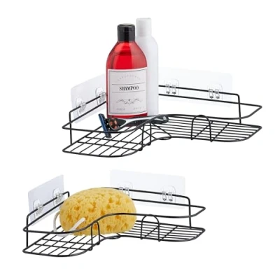 Image of Relaxdays Shower Caddy, Set of 2, No Drill, Storage Solution, Self adhesive, Metal, Soap Holder, in Two Sizes, Black, Iron, 6 x 26 cm