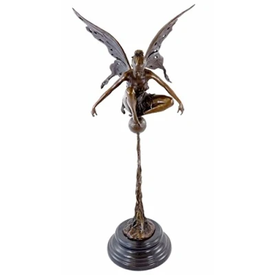 Image of Kunst &amp; Ambiente Art Nouveau Bronze Sculpture Playing Fairy Statue by Césaro Height: 64 cm Home Accessories Gift Idea Garden Figurine