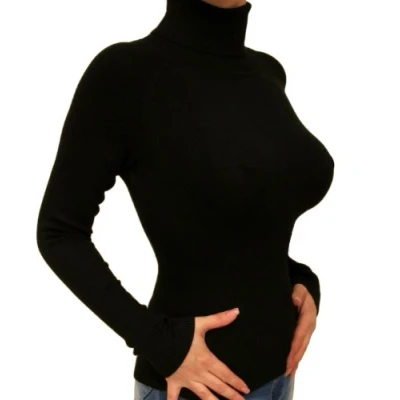 Image of Blue Banana Women&#039;s Long Sleeve Polo Neck Clingy Jumper Black Size 10