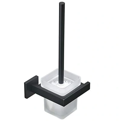 Image of Toilet Brush and Holder Matte Black, Wall Mounted WC Set, 304 Stainless Steel &amp; Frosted Glass
