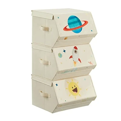 Image of SONGMICS Children&#039;s Storage Box, Set of 3, Folding Boxes, Toy Box with Lid, 38 x 35 25 cm, for Room, Space Motifs, Beige RLB700M01