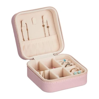 Image of Relaxdays Jewellery Case, Small Storage Box for Rings &amp; Necklaces, Travelling, HWD: 5 x 10 cm, Pink, Plastic, Fibreboard, Velvet