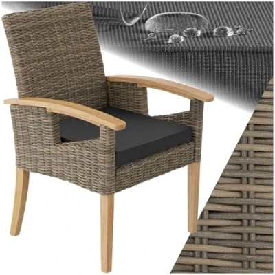 Image of tectake® Rattan Garden Chair, Comfortable Armchair with Solid Wood Armrests and Legs, UV Resistant Poly Weave, Woodframe, Removable Seat Pad, Easy to Clean Furniture brown