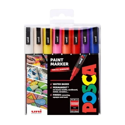 Image of POSCA PC 3M Water Based Permanent Marker Paint Pens. Fine Tip for Art &amp; Crafts. Multi Surface Use on Wood Metal Paper Canvas Cardboard Glass Fabric Ceramic Rock Stone Pebble Porcelain. Set of 16