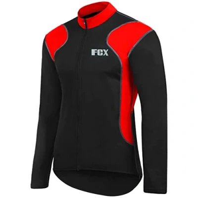 Image of Mens Cycling Jersey Long Sleeves Thermal Outdoor Bike Riding Bicycle Top Winter Fleece (Black Red, Small)