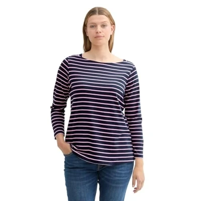 Image of TOM TAILOR Women&#039;s 1043761 Plus Size Longsleeve T Shirt, 36128 Powder Rose Navy Stripe, 24