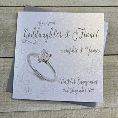 Image of WHITE COTTON CARDS PERSONALISED ENGAGEMENT CARD. ANY RELATION. GODDAUGHTER &amp; FIANCÉ. TEARDROP CUT RING DESIGN. Handmade (P22 98 GODD XP22 GODD)