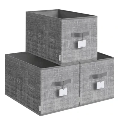 Image of SONGMICES Collapsible Storage Boxes, Set of 3 Fabric Baskets, 50 x 30 cm, Wardrobe Organisers, 2 Handles, Label Holders, for Bedroom, Living Room, Cattail Grey ROB450G01