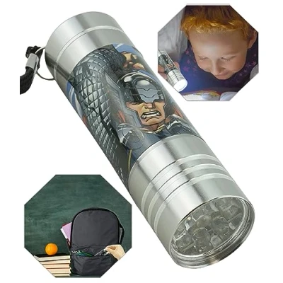 Image of HOVUK Avengers LED Torch for Kids 8.7cm, 9 LEDs Pocket Xmas, Birthday Gifts, Travel Summer Fun, Aluminium Flashlight Children 3+ (Silver)