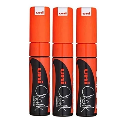 Image of Uni Fluorescent Neon Orange Chisel Tip Nib (8mm) Liquid Chalk Marker Pen Colour Whiteboard Blackboard Chalkboard Menu Glass Windows Wet Wipe Non Permanent (Pack Of 3) PWE 8K