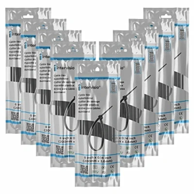 Image of Zip Ties 200mm x 3.6mm Black 8 Premium Plastic Cable Ties, 200 mm Nylon Tie Wraps, Pack of 900 Pieces by intervisio