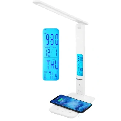 Image of BLAUPUNKT LED Desk Lamp with Wireless Charger USB Charging Port Dimmable Table 5 Colour Modes Adjustable Arm Office Reading Light LCD Display Clock Calendar Temperature White, Regular