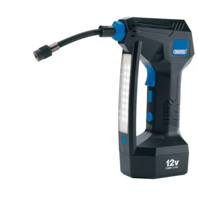 Image of Draper 24239 12V Cordless Air Compressor, Tyre Inflator, LCD Digital Display, 150psi, Flashlight, Plus Accessories