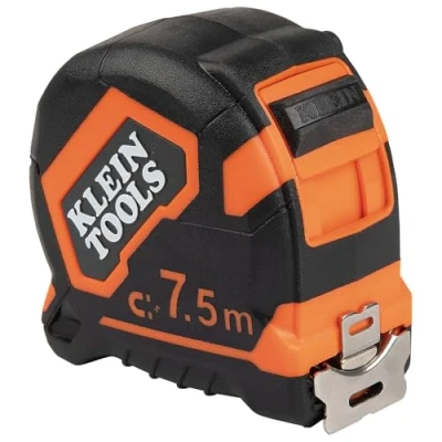 Image of Klein Tools 9375 Measuring Tape Double Hook Sided, Magnetic with Retraction Speed Break and Metal Belt Clip, Orange/Black, 7.5 m