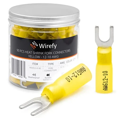 Image of Wirefy 90 PCS Heat Shrink Fork Connectors #10 Marine Grade Terminals Spade Wire Yellow 12 10 Gauge