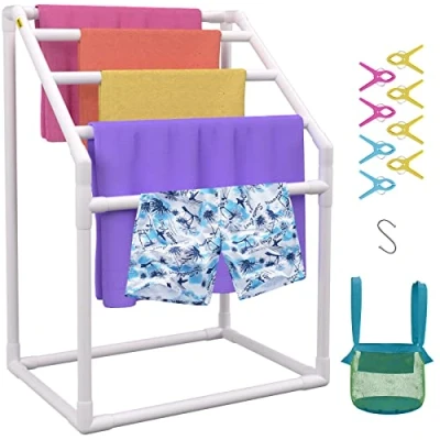 Image of VEVOR Pool Towel Rack, 5 Bar, White, Freestanding Outdoor PVC Trapedozal Poolside Storage Organizer, Include 8 Clips, Mesh Bag, Hook, Also Stores Floats and Paddles, for Beach, Swimming