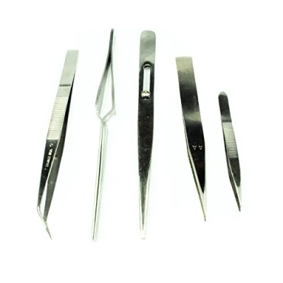 Image of Proops Set x 5 Stainless Steel Tweezers. Straight, Bent, Fine. (S7407) Free UK Postage