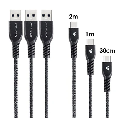 Image of TECHGEAR 3 Pack STRONG Durable Braided USB C Charging &amp; Data Sync Cables (30cm/1m/2m) Compatible with Samsung Tab S6 Lite, A9 Plus / A8 A7 S9 S8 S7 Plus/Ultra, Active 4 5 Pro, Black