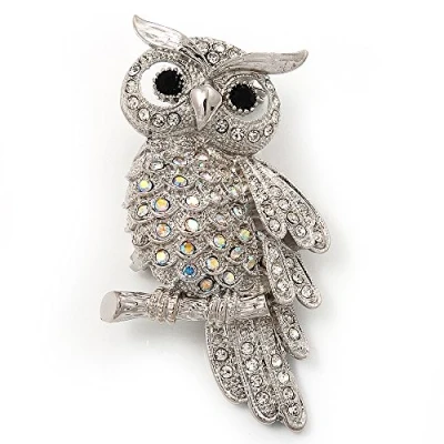 Image of Avalaya Sparkling AB Crystal Owl Brooch (Silver Tone Metal) 50mm L