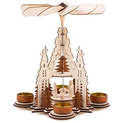 Image of BRUBAKER Christmas Pyramid Cathedral 11.4 Inches (29 cm) Mary, Joseph and Jesus 2 Floors Carousel with 4 Tea Light Holders Natural Wood Carved Figures