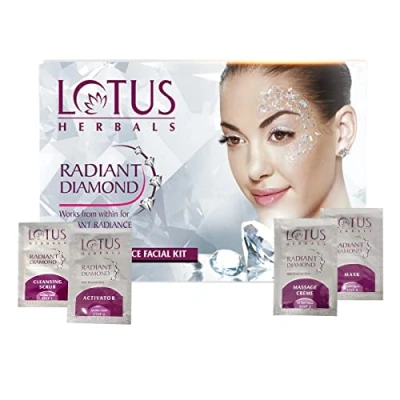 Image of Lotus Herbals Radiant Diamond Facial Kit For Instant Radiance With Dust &amp; Cinnamon, 4 Easy Steps, 37g (Single Use)