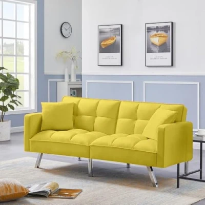 Image of KOSY KOALA Sofa Bed 2 Seater Mustard Velvet Click Clack Settee Recliner Couch with Metal Legs Pillows