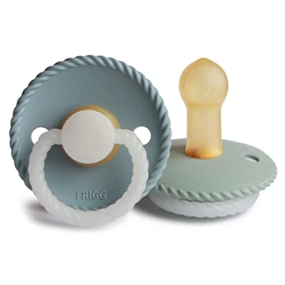 Image of FRIGG Rope Night Latex Pacifier Pack of 2 Natural Rubber Soother Dummy Glow BPA Free Made in Denmark Symmetrical Cherry Shaped Nipple (Stone Blue Night/Sage Night, Size (6 18 Months))