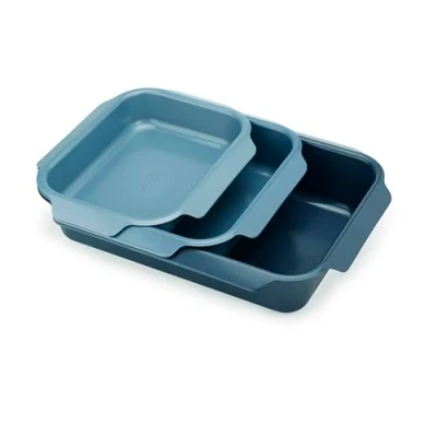 Image of Joseph Nest Set of 3 Stackable Oven Trays, Carbon Steel Roasting Tins with Non Stock Coating, Easy Pull Handles, Organised Kitchen Facility, 41Cm X 30Cm 9.6Cm Blue