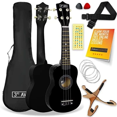 Image of 3rd Avenue Soprano Ukulele 21 Inch Beginner Pack Bundle Bag, Stand, Strap, Strings, Picks and Fret Stickers Black with FREE 1 Month Online Lessons